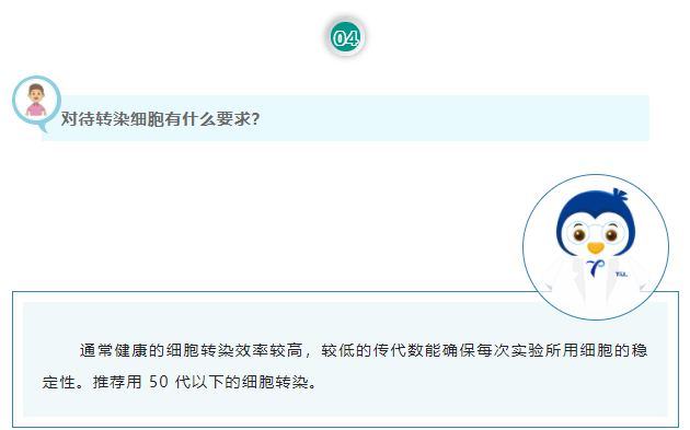 对待转染细胞有什么要求？通常健康的细胞转染效率较高，较低的传代数能确保每次实验所用细胞的稳定性。推荐用 50 代以下的细胞转染。